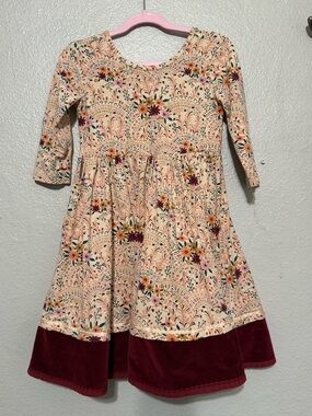 Ruffle Butts Floral Peach Dress with Wine Velvet Hem